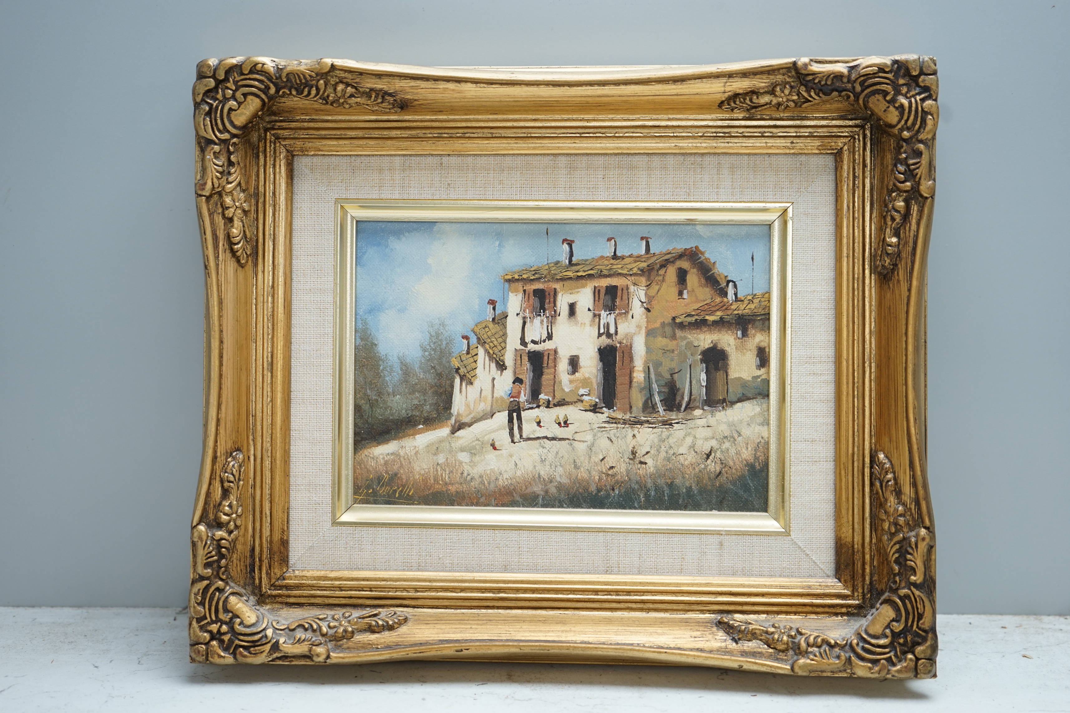 Guido Borelli (Italian b.1952), set of three oils on board, Italian views, comprising Venetian canals and rural landscape, each signed, 11.5 x 16.5cm, ornate gilt framed. Condition - good